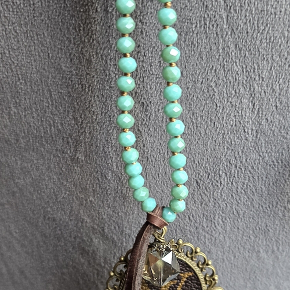 Upcycled Long Turquoise Beaded Necklace W Bronze LV Pendant 36inches - Picture 8 of 10